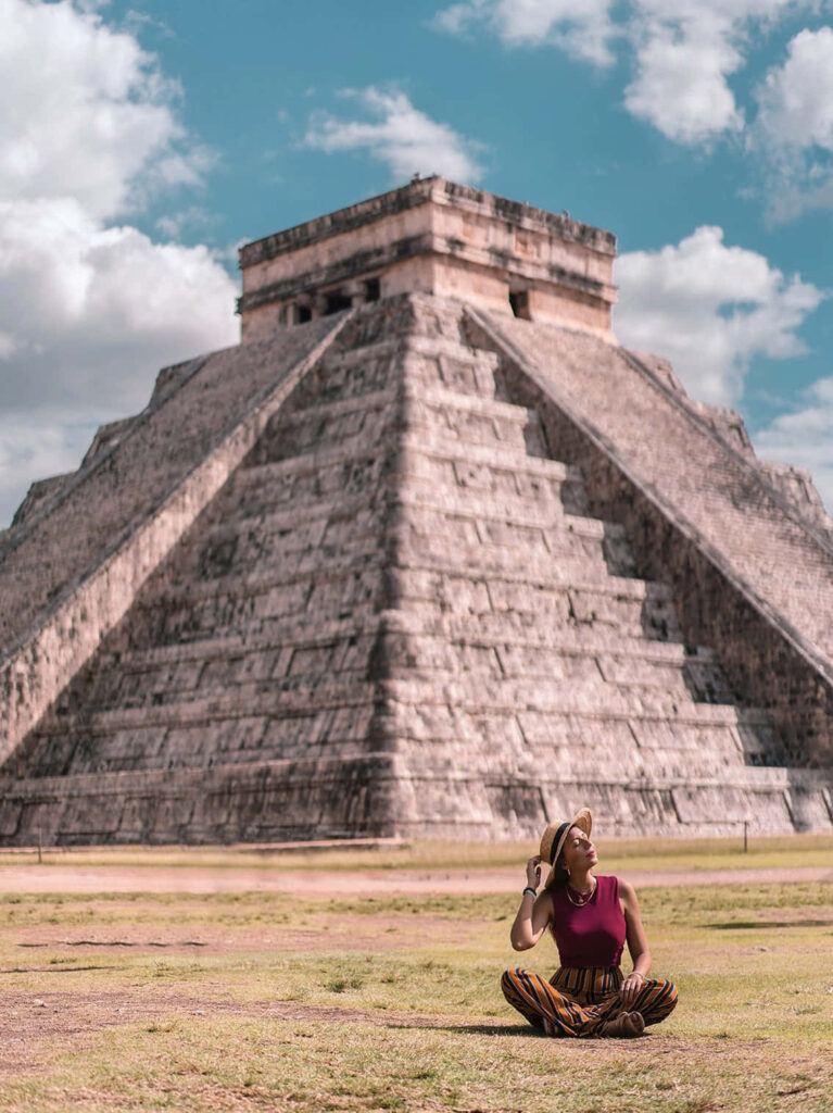 Serene Wallpaper: Woman at El Castillo, Chichen Itza, Blue Sky