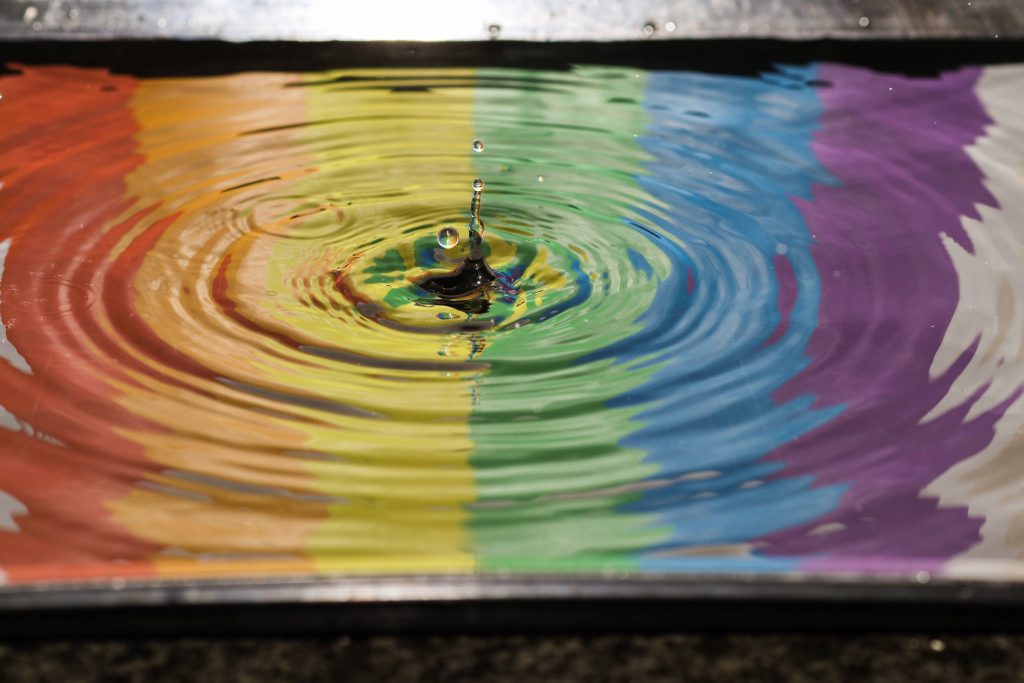 High-speed macro photo of water droplet creating colorful ripples on rainbow surface wallpaper