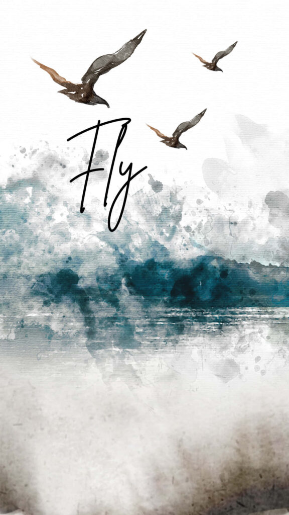 Serene Watercolor Wallpaper with Soaring Birds and Ocean Waves