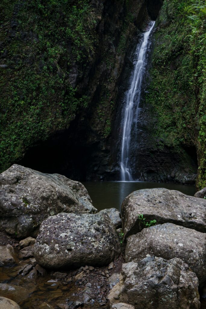 Serene waterfall cascading into tranquil pool surrounded by mossy rocks and lush greenery wallpaper