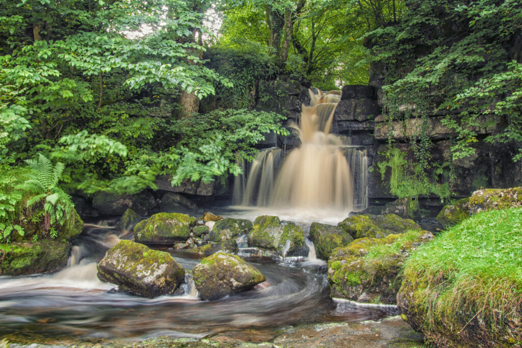 Waterfall cascading over dark rocks into clear river surrounded by lush green trees and moss wallpaper