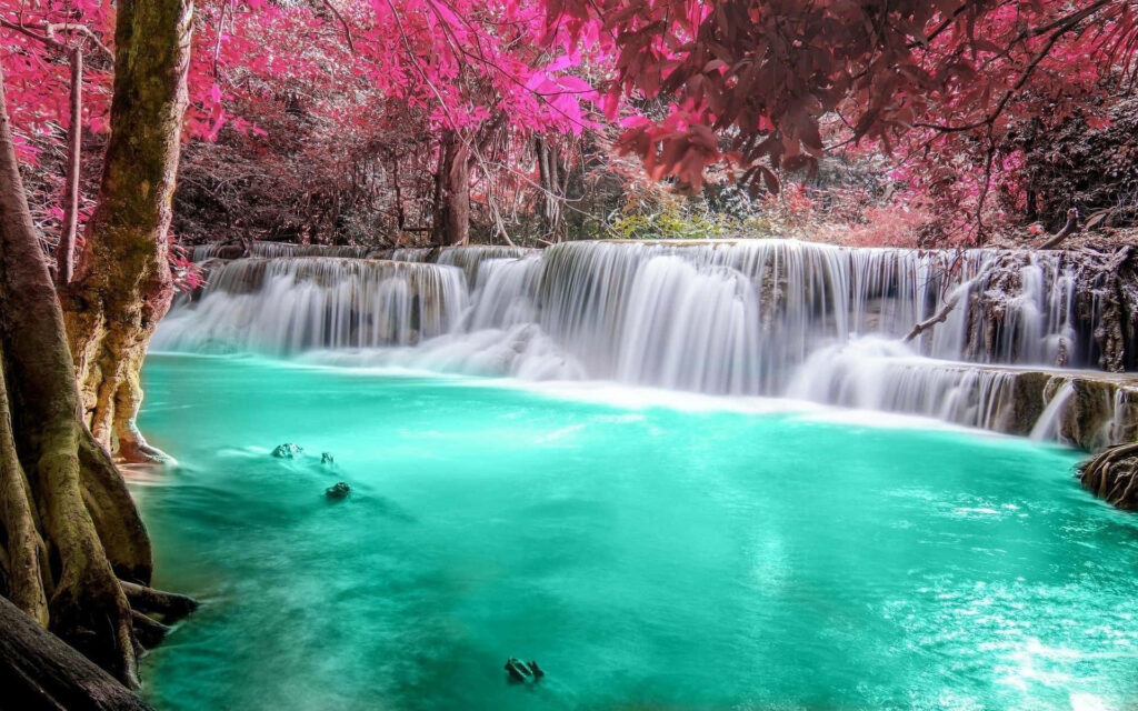Breathtaking Waterfall Wallpaper: Serene Turquoise Pool & Pink Foliage
