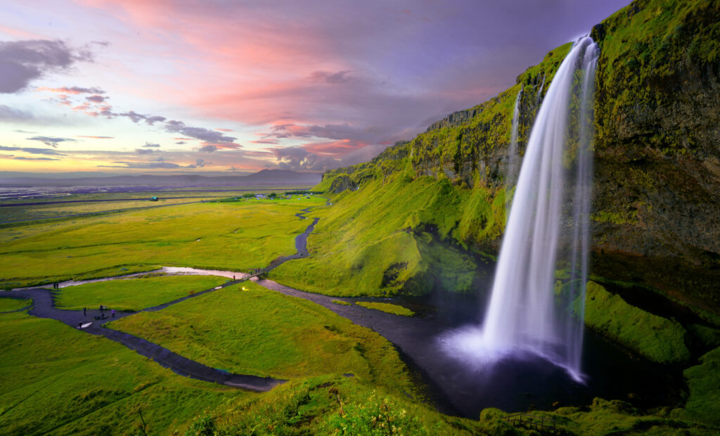 Serene Landscape Wallpaper: Majestic Waterfall & Sunset Sky