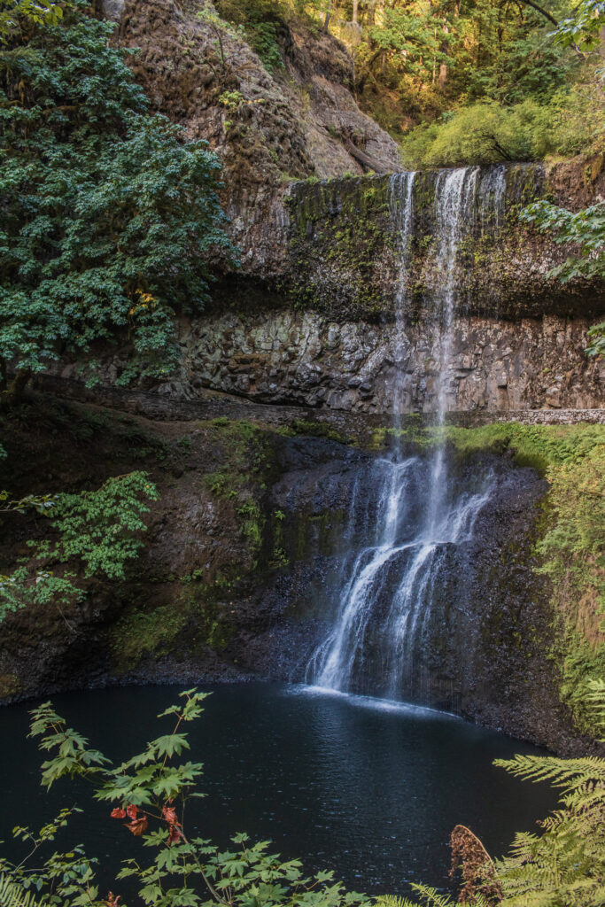 Waterfall cascading over rugged cliff surrounded by lush green trees in vibrant natural landscape Wallpaper