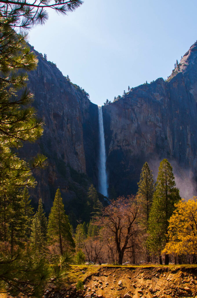 Waterfall cascading over rugged rocks surrounded by lush green trees and vibrant natural landscape Wallpaper