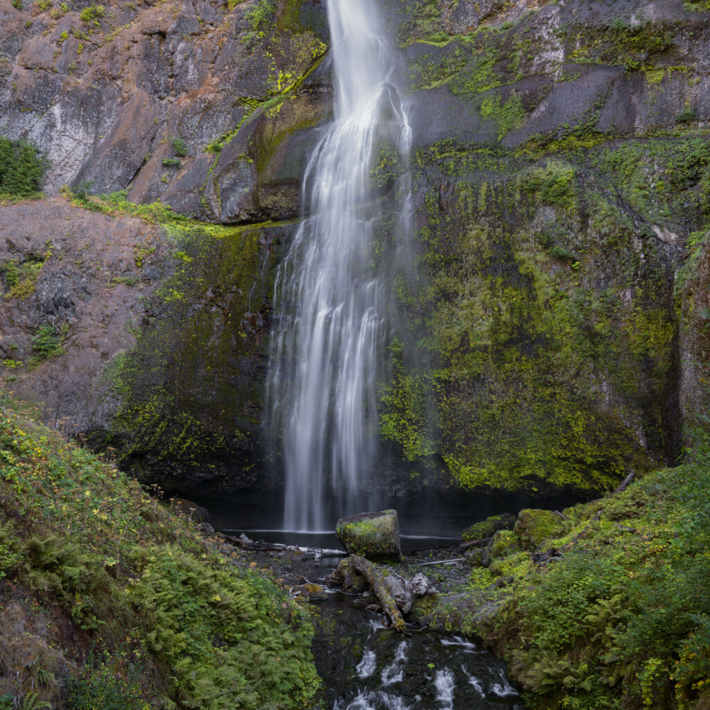 Waterfall cascading down mossy rocks with lush ferns creating a misty serene natural landscape Wallpaper