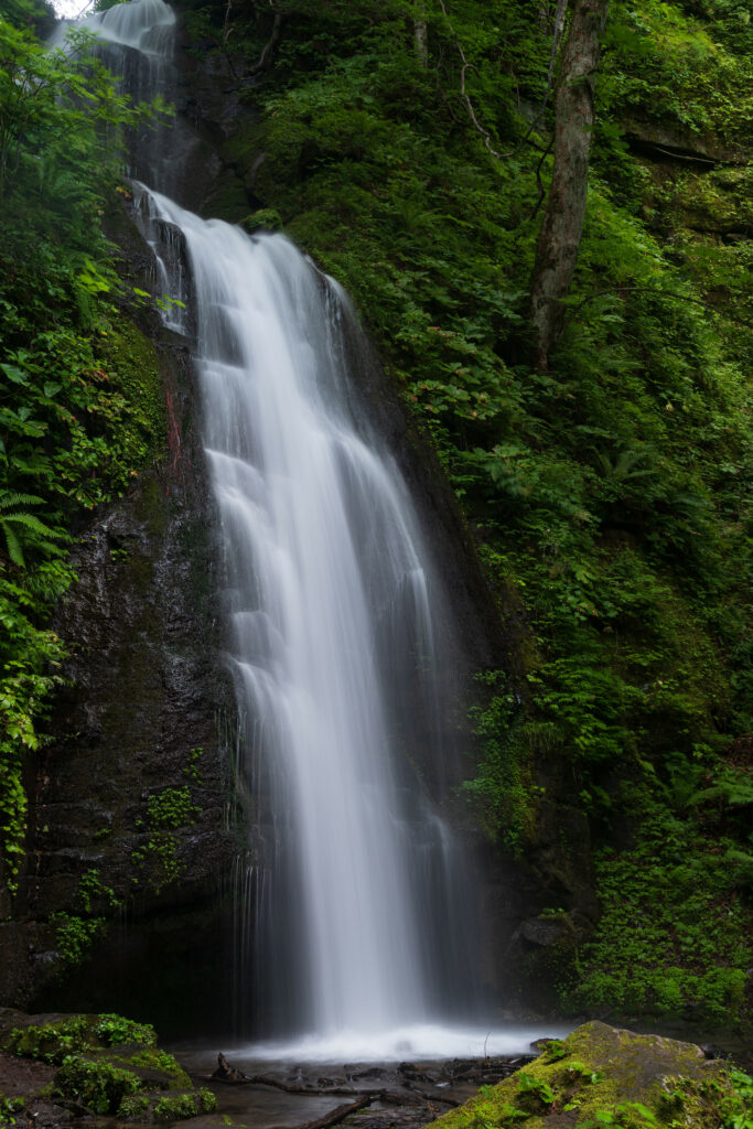 Serene waterfall cascading over dark rocks with lush green foliage and soft misty spray background Wallpaper