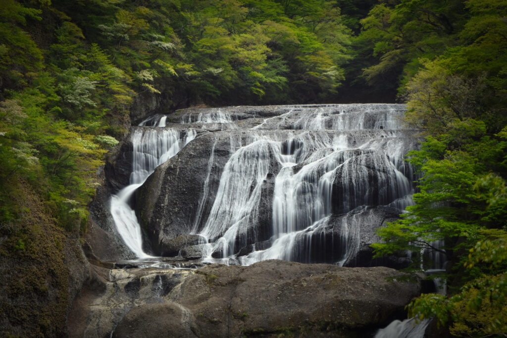Serene waterfall flowing over smooth dark stones surrounded by lush green trees wallpaper background