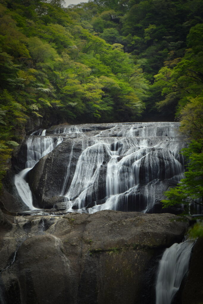 Serene waterfall flowing over dark rocks surrounded by lush green foliage peaceful nature wallpaper
