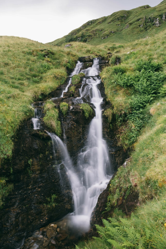 Serene waterfall over dark stones with lush green grass and ferns in peaceful nature wallpaper