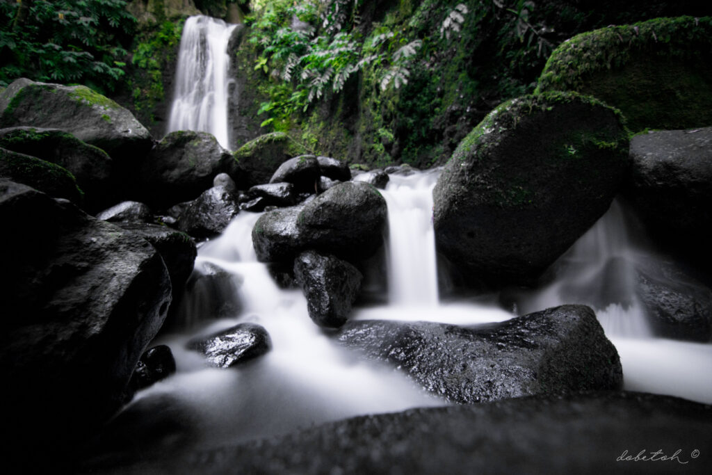 Serene waterfall flowing over mossy stones with lush green foliage in a tranquil forest wallpaper