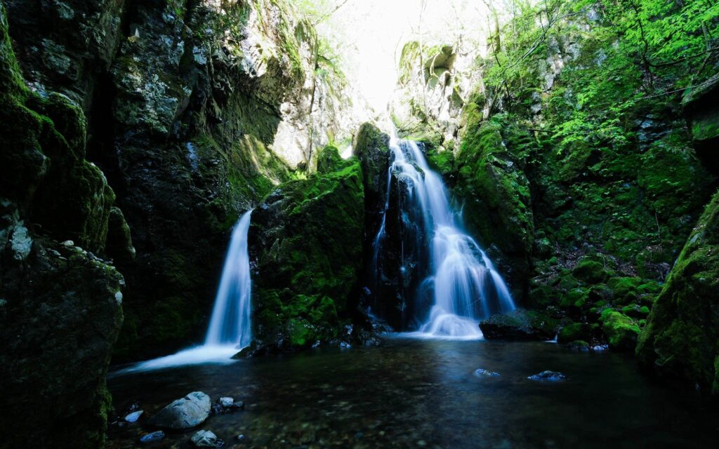 Serene waterfall cascading over mossy rocks into clear river surrounded by lush green forest Wallpaper