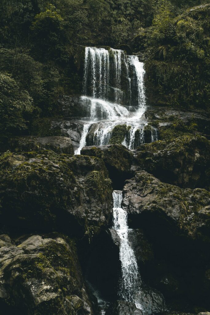 Serene waterfall cascading over mossy stones surrounded by lush green vegetation wallpaper background