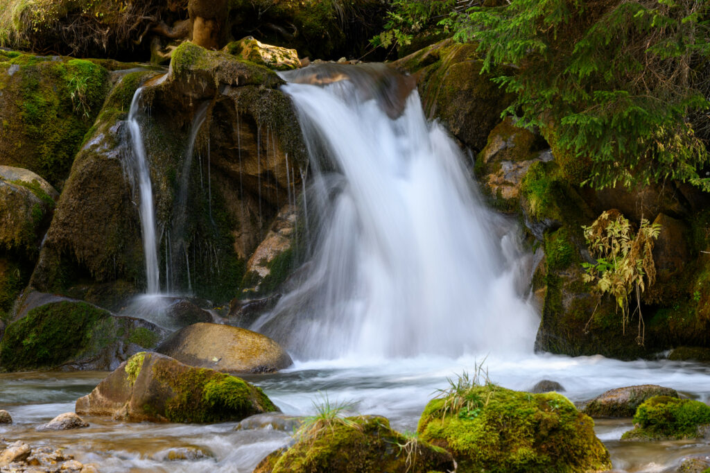 Silky waterfall flowing over mossy rocks surrounded by lush green trees in peaceful forest Wallpaper