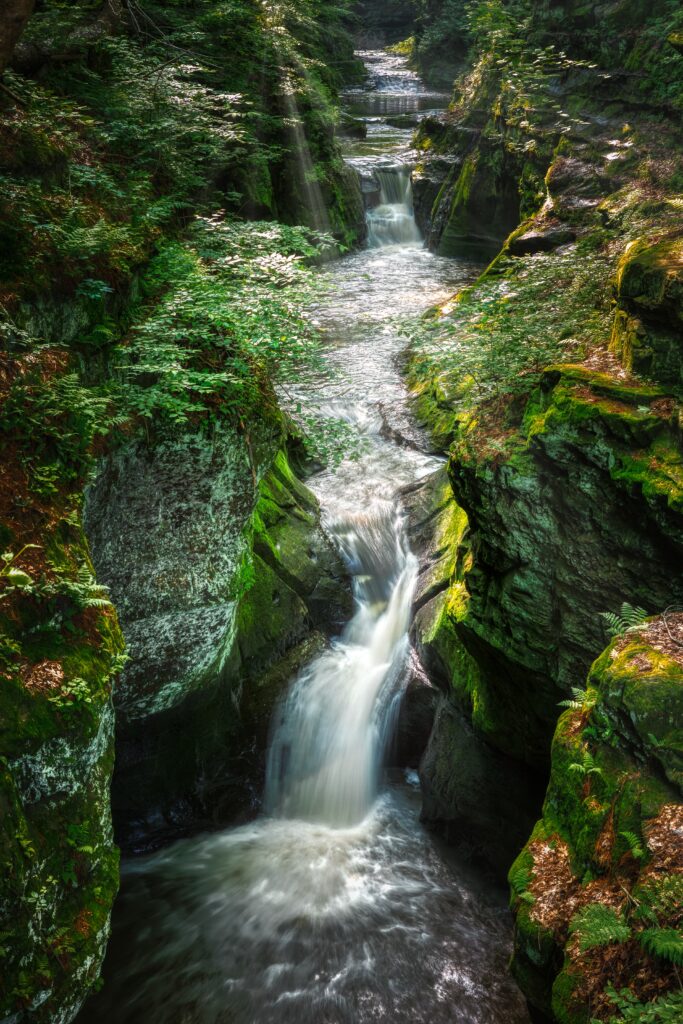 Serene waterfall over mossy stones with sunlit lush greenery and clear winding river stream Wallpaper