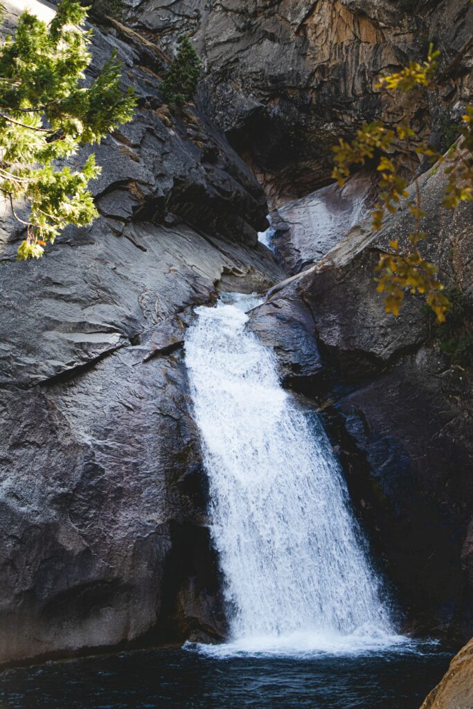 Serene waterfall cascading over rocks into clear stream framed by green leafy branches wallpaper
