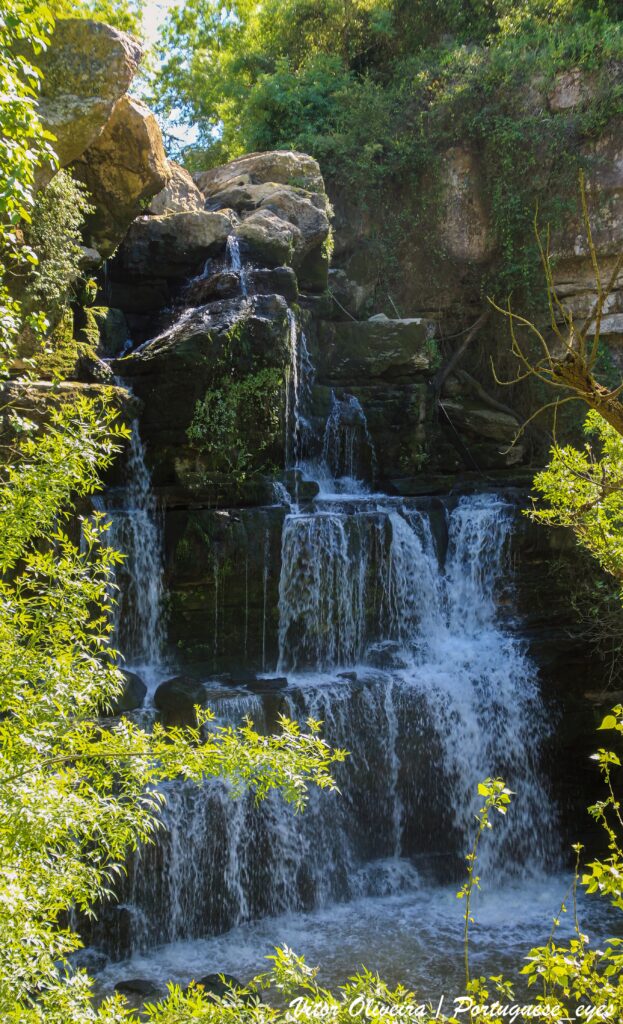 Serene waterfall cascading over rocks surrounded by lush green foliage in vibrant sunlight Wallpaper