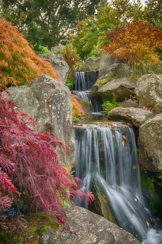 Serene waterfall over smooth stones with lush green and vibrant red orange foliage background Wallpaper