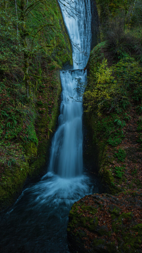 Vibrant waterfall cascading amid lush green foliage mossy rocks serene nature wallpaper background
