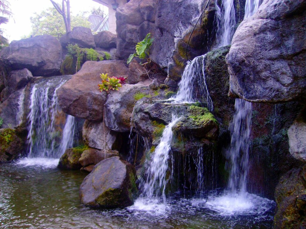 Serene waterfall cascading over mossy rocks with lush green plants nature wallpaper background