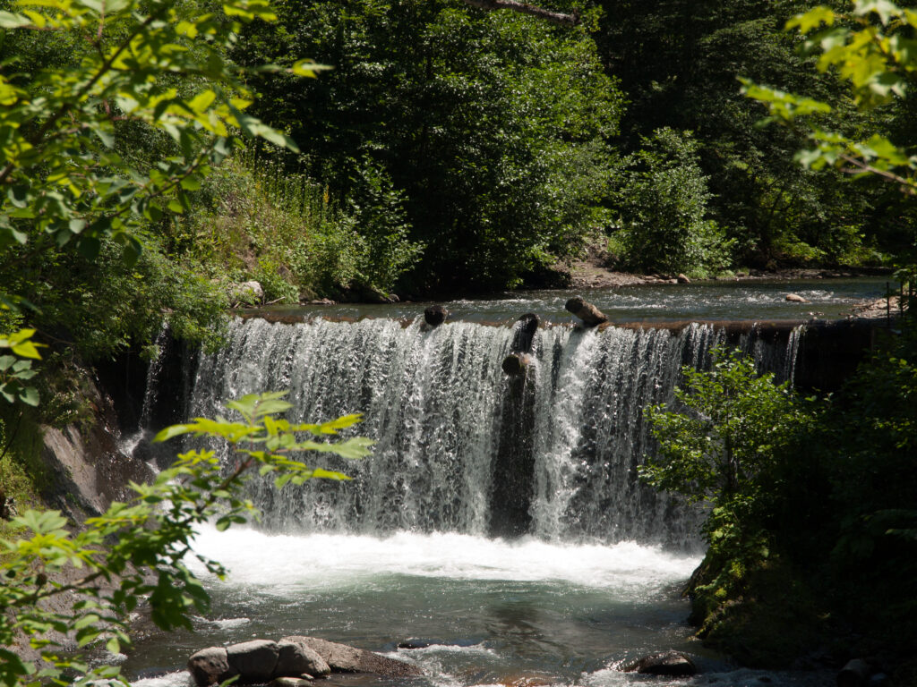 Serene waterfall cascading over rocks with lush green trees and vibrant foliage background wallpaper