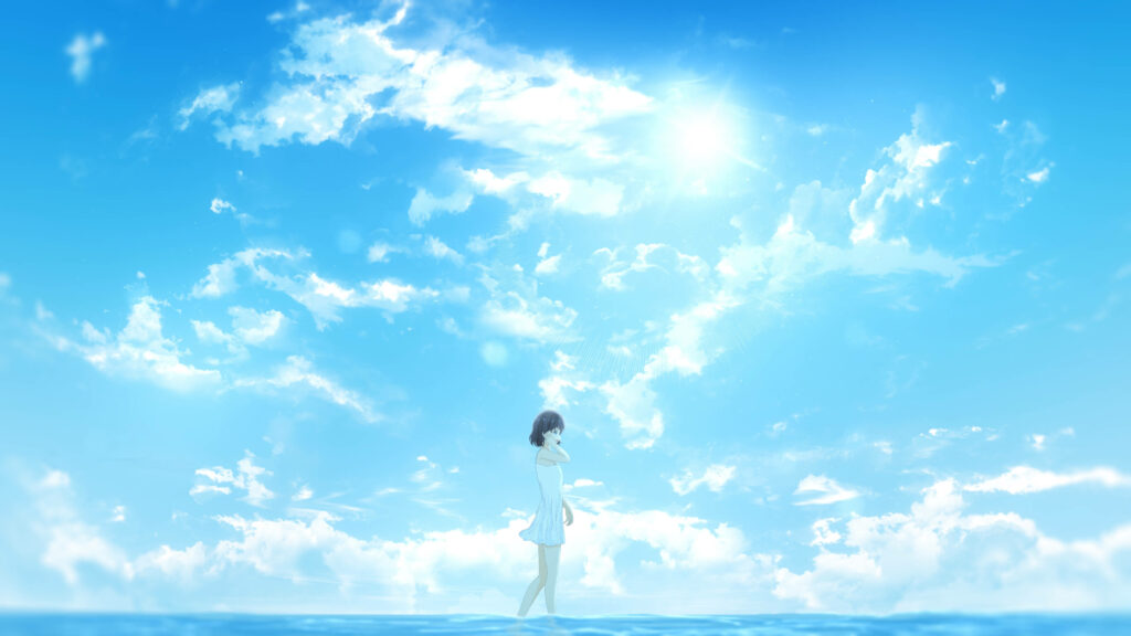 Serene Waters: A Striking Anime-Inspired Portrait of a Girl Strolling on Sunlit Blue Skies Wallpaper