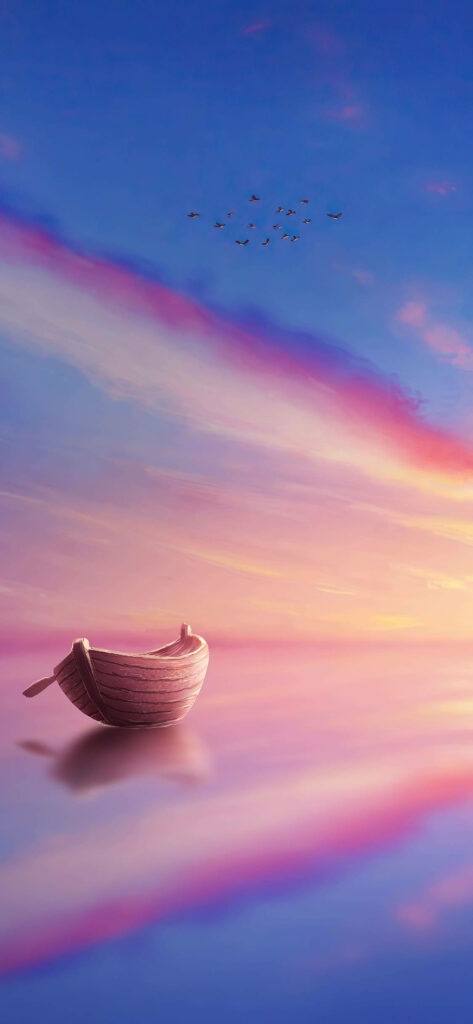 Serene Waters: Pastel Hues of a Small Boat Reflecting the Ephemeral Skies - iPhone 12 Background Photo Wallpaper