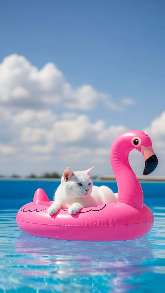 White cat relaxing on pink flamingo float in blue pool under sunny sky summer wallpaper background