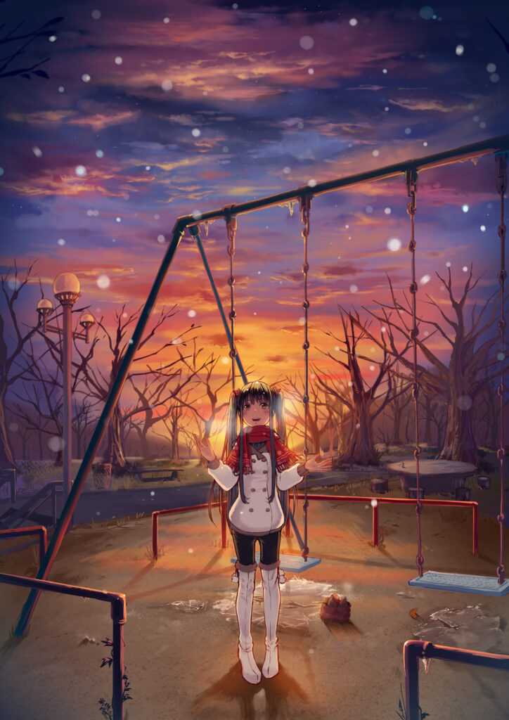 Anime Girl by Swing Set: Winter Scene with Sunset Sky Wallpaper