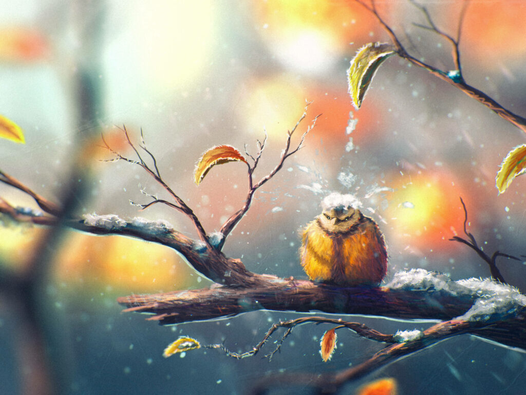 Serene Winter Bird Wallpaper: Snowy Branch & Colorful Snowflakes