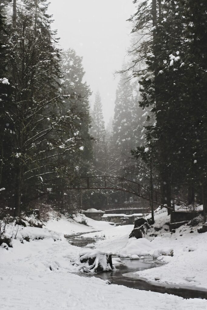 Snowy river winding through evergreen forest with rustic bridge and falling snowflakes winter wallpaper