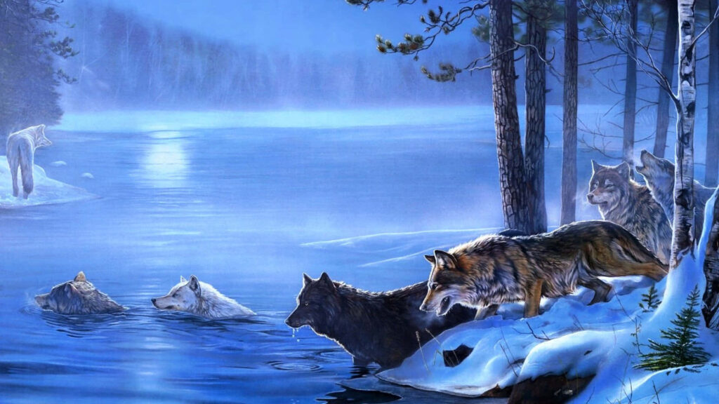 Serene Winter Forest Wallpaper with Animated Wolves by Frozen Lake