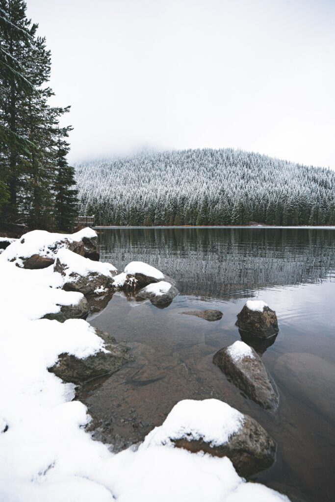 Serene winter lake with snow-covered stones pine forest and frosted mountain wallpaper background