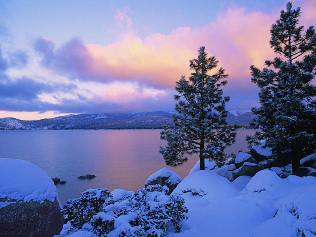 Serene Winter Lake Tahoe Wallpaper: Snowy Scene & Pastel Sunset