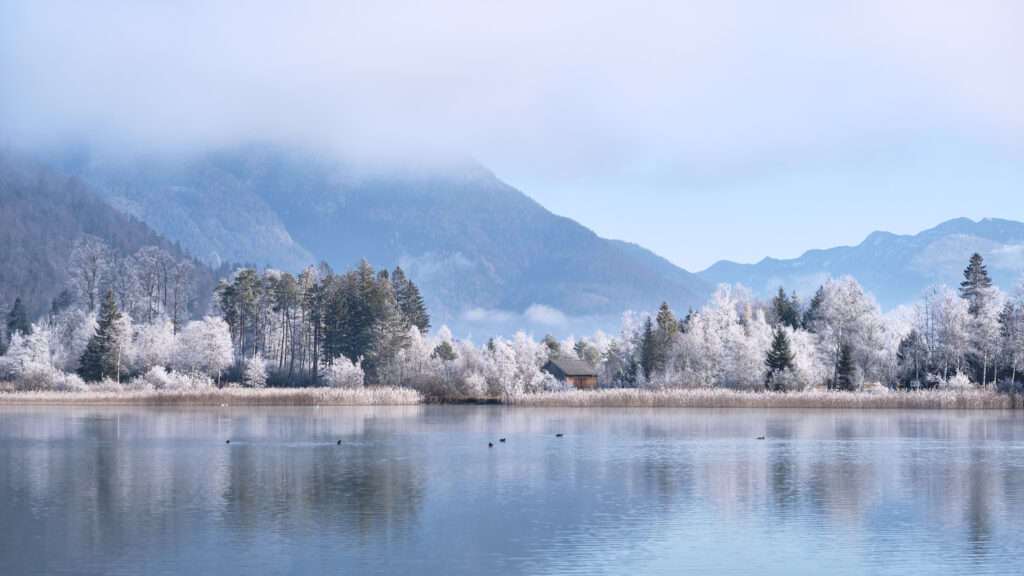 Tranquil winter lake with frosted trees cozy house and misty mountains serene wallpaper background
