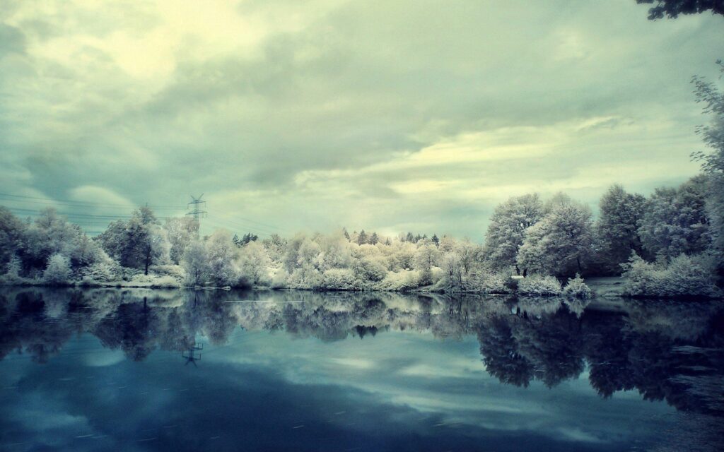 Winter lake with frost-covered trees reflecting on still water under a cloudy sky wallpaper