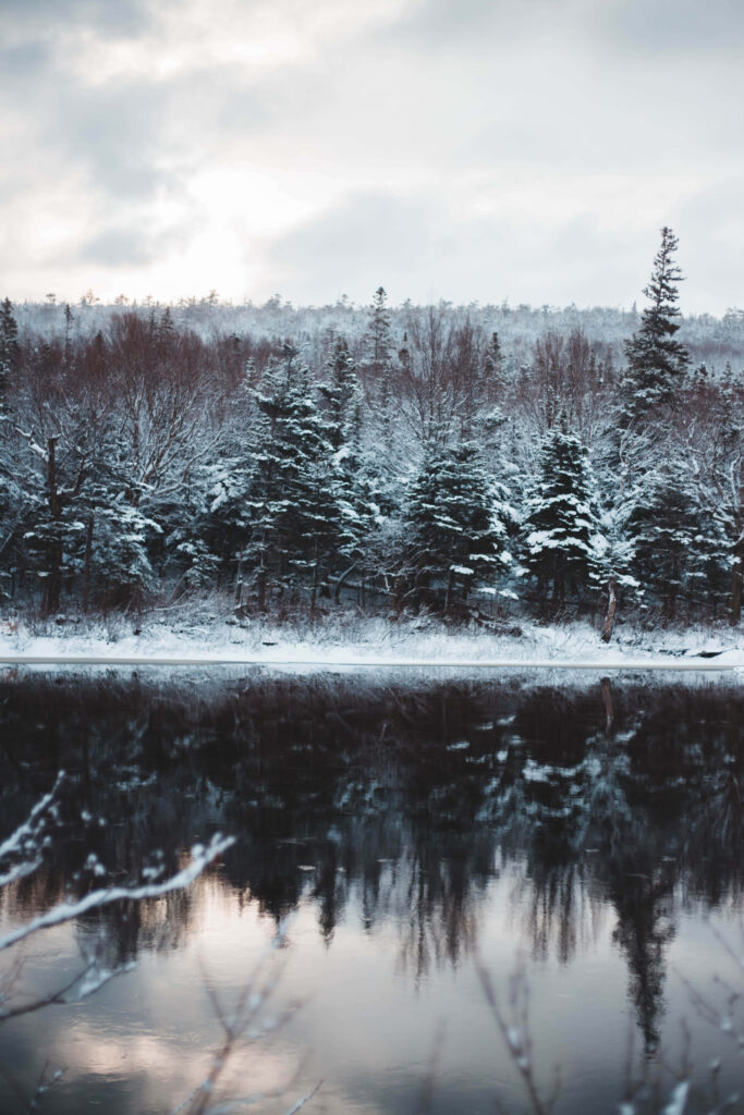 Serene Winter Lake Wallpaper: Reflective Snowy Landscape Background