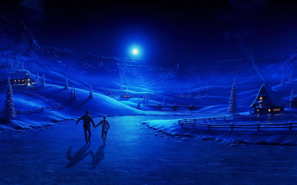 Romantic Winter Night: Couple Ice Skating in Luminous Blue Landscape Wallpaper