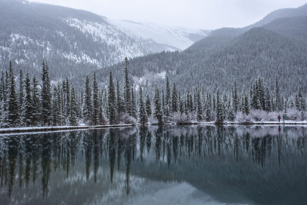 Serene winter lake reflecting pine trees dense forest and snow-covered mountains wallpaper background