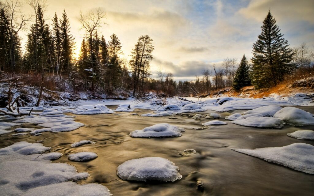 Serene winter landscape with partially frozen river snow-covered banks and evergreen trees Wallpaper