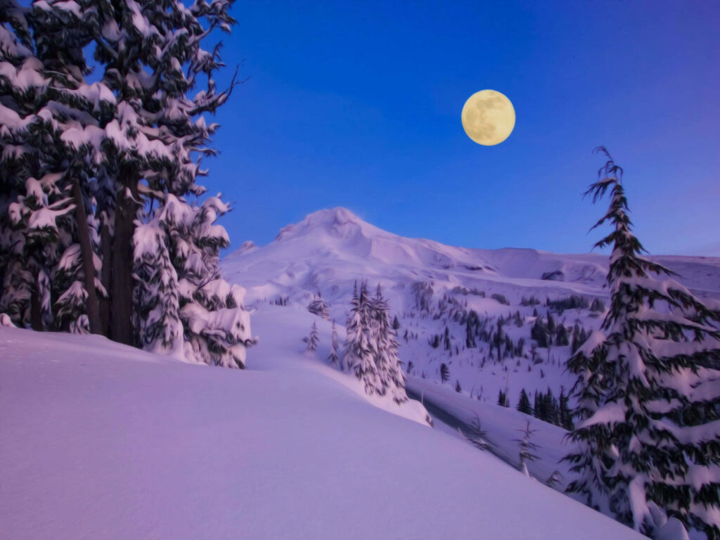 Serene Winter Landscape Wallpaper: Moonlit Snowy Trees & Mountains