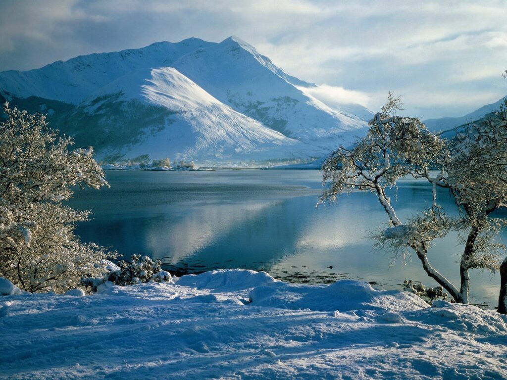 Serene winter lake reflecting snow-covered mountains with frosted trees in soft morning light Wallpaper