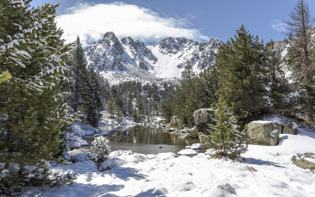 Winter landscape with snow-covered pines mountain pond and rugged peaks under blue sky wallpaper