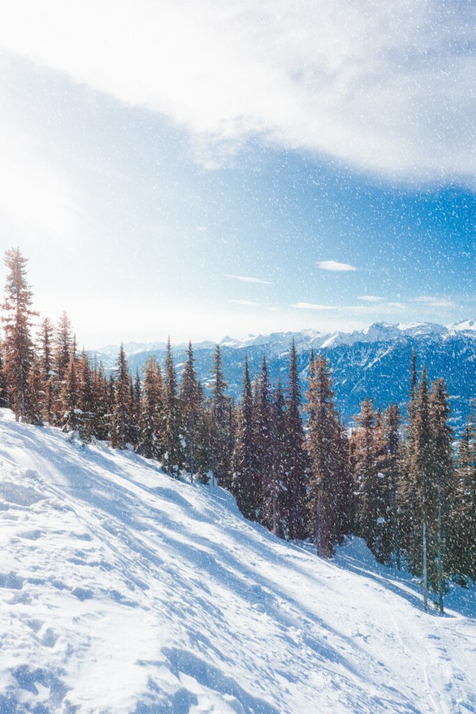 Serene winter landscape with snow-covered slope pine trees gentle snowfall and majestic mountains Wallpaper