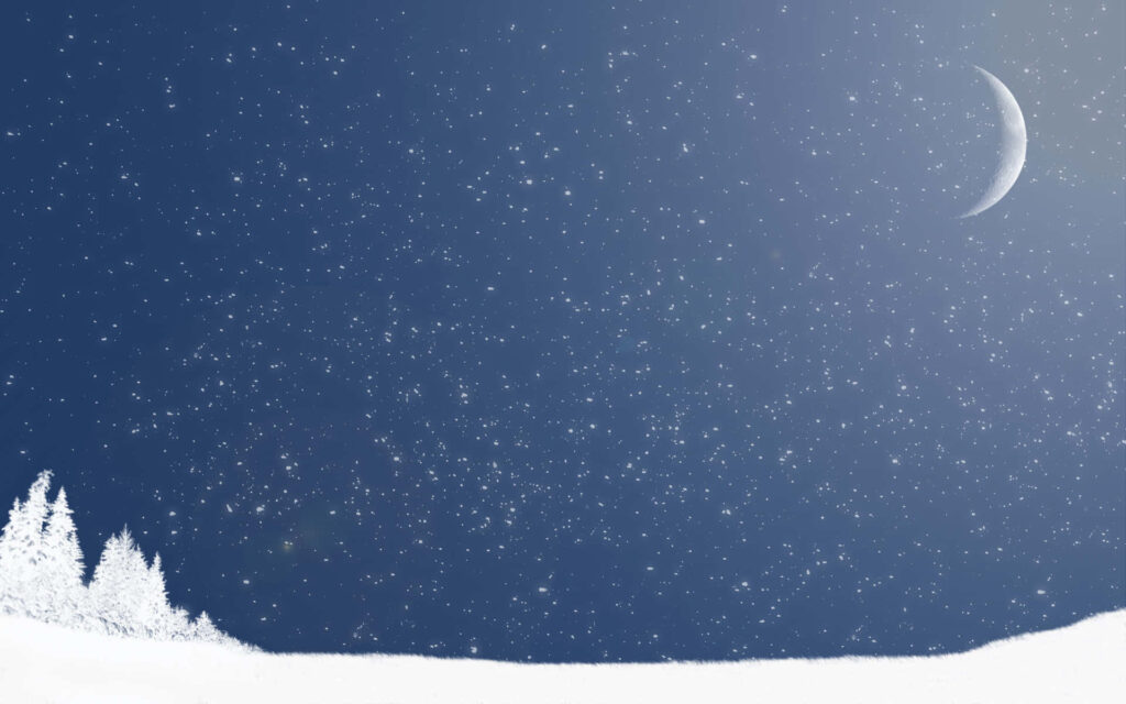 Tranquil Winter Scene: Snowy Landscape & Crescent Moon Background Wallpaper