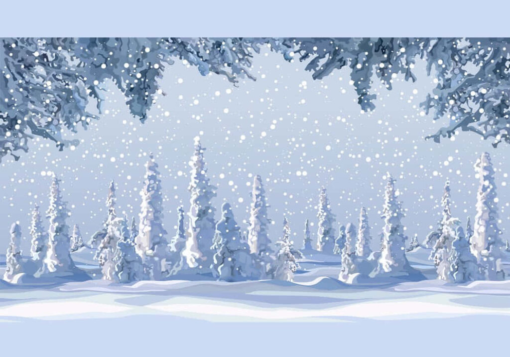 Tranquil Winter Landscape: Snow-Covered Trees & Falling Snowflakes Wallpaper