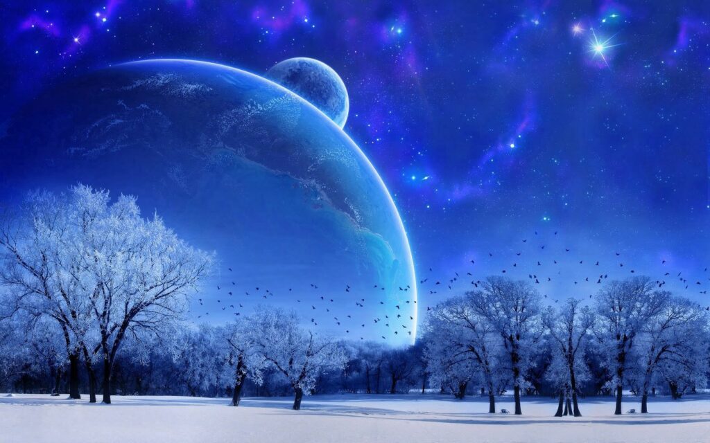 Serene Winter Landscape Wallpaper: Twilight Sky & Snowy Trees