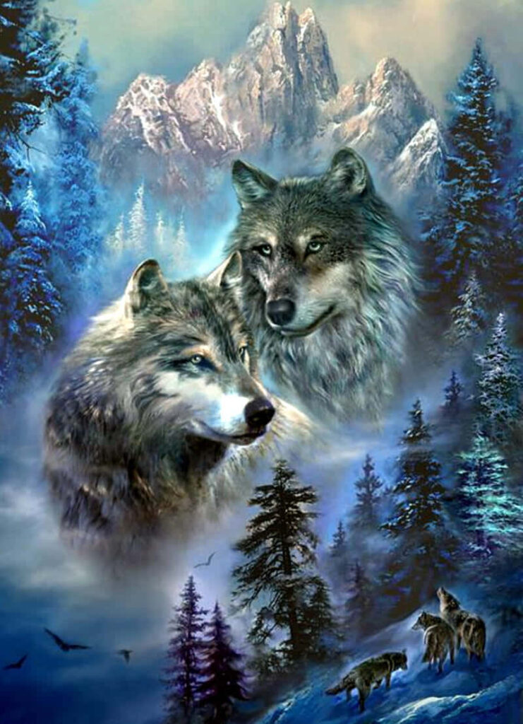 Serene Winter Wallpaper: Cute Wolves in Pine Forest & Snowy Mountains