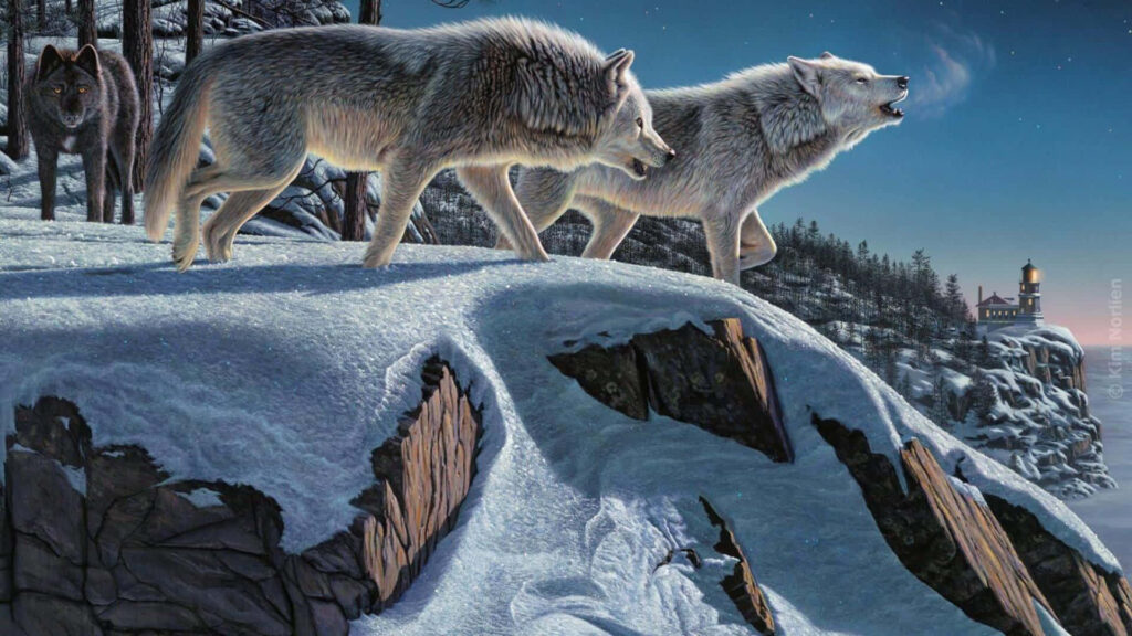 Serene Winter Landscape with Wolves and Enchanting Castle Wallpaper