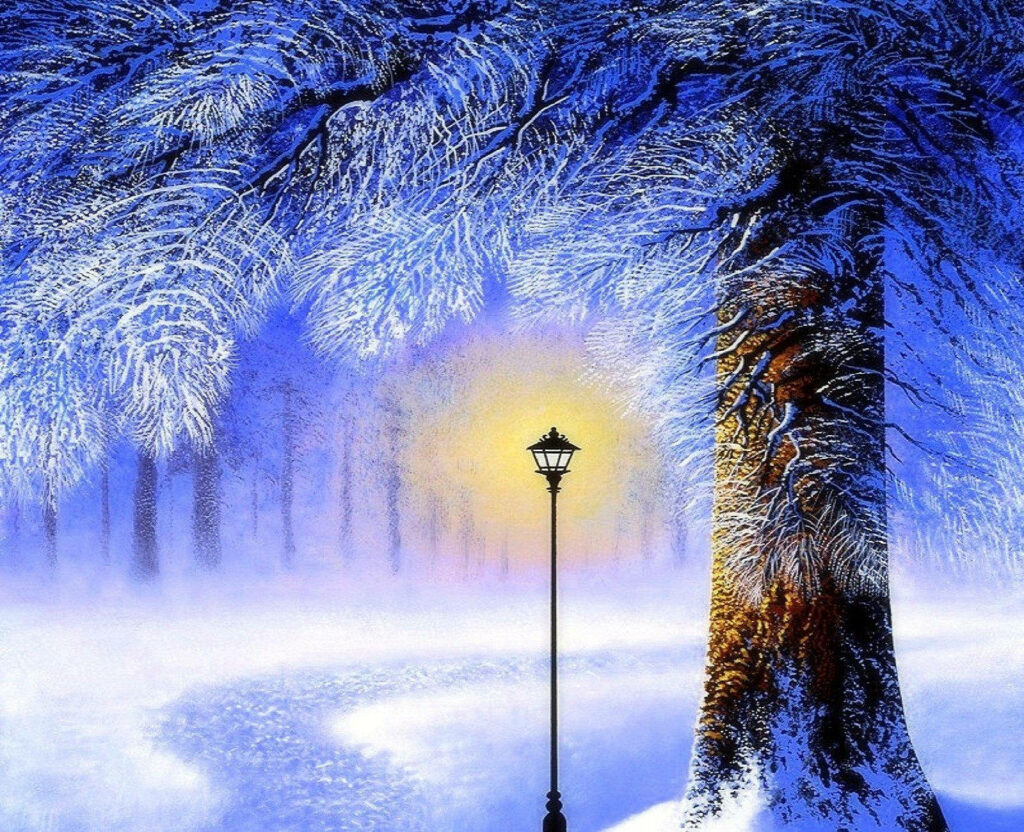 Serene Snowy Landscape with Warm Lamp Post - Winter Wallpaper